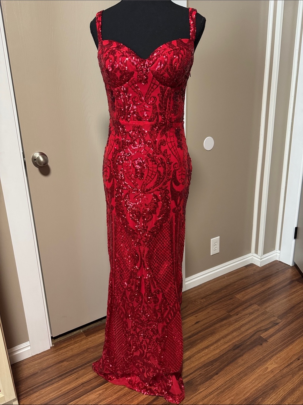 B Darlin Red Sequin Embellished Sweetheart Maxi Gown